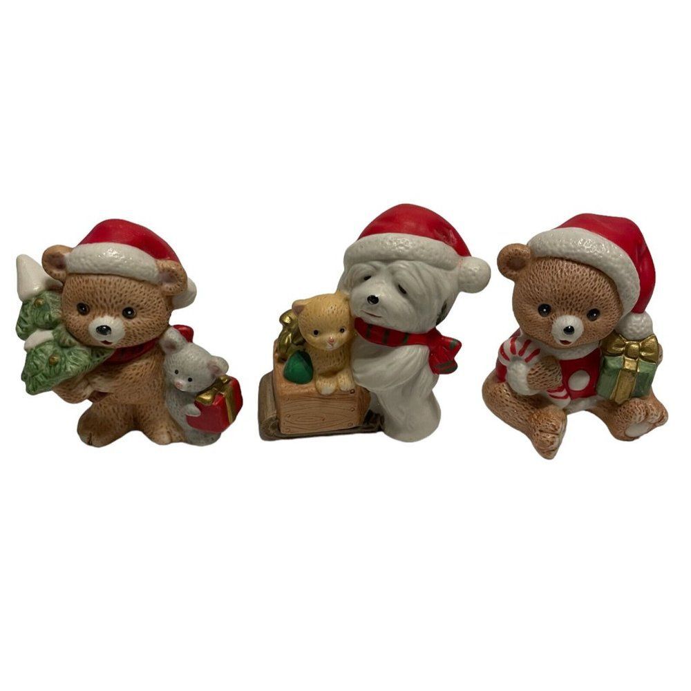 Vintage 3 Homco Teddy Bear Dog Cat Figurines Christmas Decor